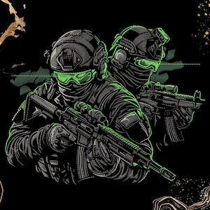 May include: Illustration of two soldiers in tactical gear, helmets, and rifles, with green accents on a black background. The image has a detailed, graphic style, with a focus on military equipment and combat readiness.