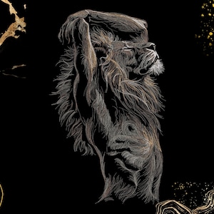 May include: A digital illustration on a black background featuring a stylized figure with a lion head and human torso, rendered in fine gold and white lines. The figure has arms raised above the head, with gold abstract accents in the corners.