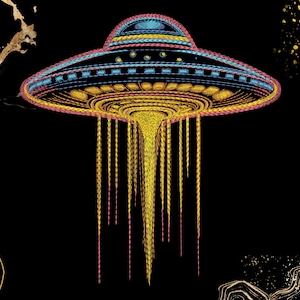 May include: An embroidered UFO design against a black background. The spacecraft features a detailed pattern with blue, yellow, and pink accents. The design includes a series of vertical lines extending downward from the craft.