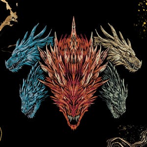 May include: A digital illustration of five dragon heads in shades of blue, red, and gold against a black background. The dragons have detailed scales and sharp teeth, with a central dragon head dominating the composition.