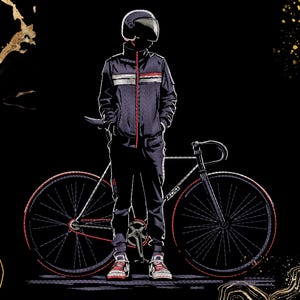 May include: A graphic illustration of a figure wearing a dark jacket with white and red stripes, dark pants, and a helmet, standing next to a black bicycle with red tire rims and a red chain. The background is black with gold abstract accents.