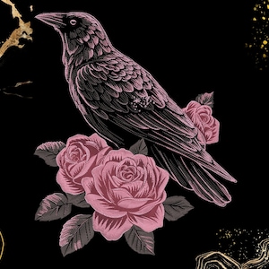 May include: A detailed illustration of a black crow perched on three pink roses with dark green leaves. The crow is rendered in a detailed, textured style against a black background with gold accents.
