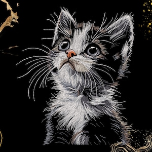 May include: A black and white illustration of a kitten with large eyes looking upward. The kitten has detailed fur textures in white lines against a solid black background, with abstract gold-colored marble-like accents in the corners.