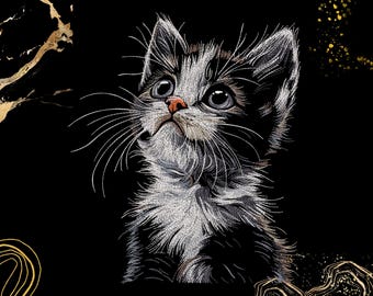 May include: A black and white illustration of a kitten with large eyes looking upwards. The kitten has detailed fur textures in white lines against a solid black background, with abstract gold-coloured marble-like accents in the corners.