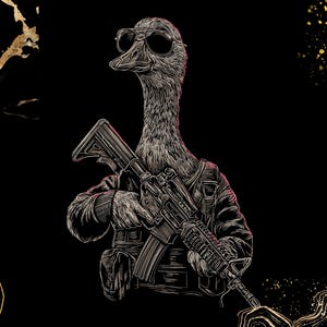 May include: A black and white illustration of a goose wearing sunglasses and a tactical vest, holding a rifle. The goose is the central focus against a black background with gold accents. The artwork has a detailed, graphic style.