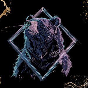 Puede incluir: Una ilustración estilizada de la cabeza de un oso en un marco geométrico. El oso está dibujado en tonos azules y morados sobre un fondo negro.