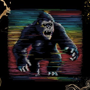 Op de afbeelding: Een geborduurde patch met een donkere gorilla met een grimmige uitdrukking. Het ontwerp maakt gebruik van horizontale stiksels in glitch-stijl in levendige regenboogkleuren tegen een zwarte achtergrond, wat zorgt voor een getextureerde, digitale uitstraling.
