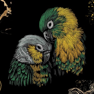 May include: A digital illustration of two parrots, rendered in a detailed, textured style. The birds feature green, yellow, and silver plumage against a black background with gold accents. The parrots are close together, suggesting intimacy.