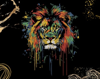 May include: A vibrant, multi-coloured lion head illustration set against a solid black background. The lion features a mane rendered in shades of red, orange, yellow, green, and blue, with paint-like drips extending downwards from the chin.