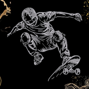 Peut inclure: Illustration en noir et blanc d'un skateur en plein saut, exécutant une figure. Le skateur porte un casque et des protections. Le skateboard est détaillé. Fond noir avec des formes dorées abstraites.