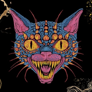 Demon Monster Cat Embroidery Design | Neon Gothic Cat Face | Biker Streetwear Patch | Digital Download File | Horror Punk Art | Dst Pes Pec