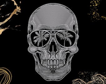 May include: A monochrome illustration of a human skull wearing sunglasses. The sunglasses reflect palm trees. The background is black with gold accents. The skull is a detailed line drawing, with shading and texture.