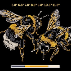 May include: Detailed embroidery of two bumblebees on a black background. The bees feature yellow, black, and white thread, with intricate wing patterns. The image includes measurements ranging from 5.8" to 11.8" in length.