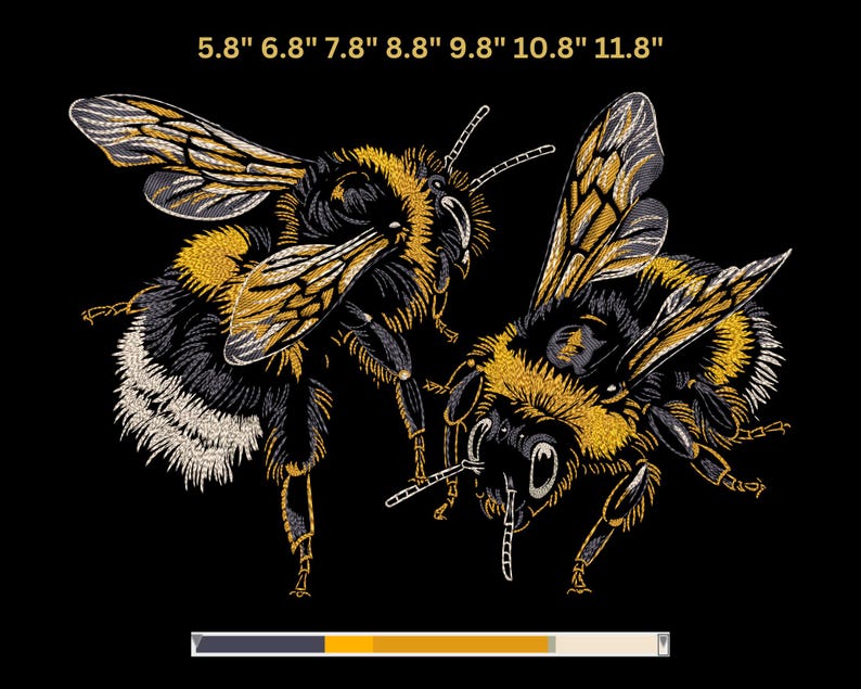 May include: Detailed embroidery of two bumblebees on a black background. The bees feature yellow, black, and white thread, with intricate wing patterns. The image includes measurements ranging from 5.8" to 11.8" in length.