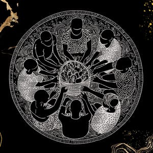 Könnte beinhalten: Schwarz-Weiß-Illustration einer Gruppe von Menschen, die sich um einen Korb mit Produkten versammelt haben. Die Figuren sind kreisförmig angeordnet, mit detaillierten weißen Linien. Der Hintergrund ist schwarz mit goldenen Akzenten.