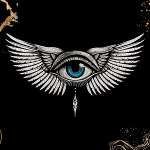 May include: A detailed illustration of an eye with blue iris and white wings against a black background. The eye is the focal point, with intricate details in the iris and surrounding design. The wings are symmetrical and extend outward.
