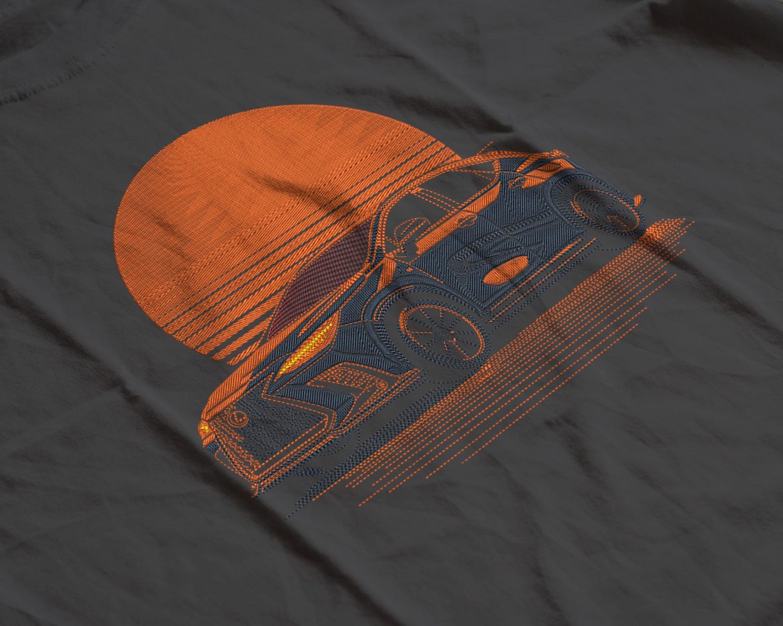Troweled Design Embroidery For Automotive Decor Reference: Retro Sunset Sports Car Embroidery Design Neon Automotive Art