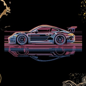 May include: A stylized illustration of a sports car in shades of blue, pink, and yellow against a black background. The car is depicted with intricate line work, and its reflection is visible below. The design includes a rear spoiler and racing stripes.