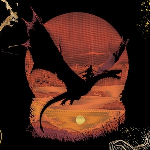 May include: A black silhouette of a dragon and rider flying across a sunset landscape. The dragon is in mid-flight, with a large red sun in the background. The scene is set against a black background with gold accents.