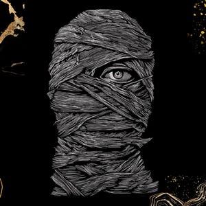 May include: A black and white graphic illustration of a mummy head wrapped in textured bandages, with a single detailed human eye visible. The design is centered against a black background featuring abstract gold marble and speckled accents.