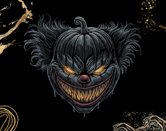 May include: A dark, stylised illustration of a pumpkin-headed clown with a wide, menacing grin, sharp yellow teeth, and glowing orange eyes. The design features intricate line work, messy hair, and a black background with gold accents.