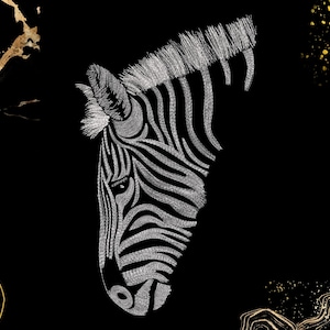 May include: A black and white illustration of a zebra's head, featuring detailed line work. The zebra's stripes are rendered in white against a black background. Gold accents are in the corners.