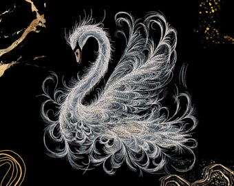 May include: A detailed illustration of a swan, rendered in white and silver against a black backdrop. The swan's feathers are intricately designed, with a focus on texture and form. The artwork evokes a sense of elegance and movement, with a curved neck.