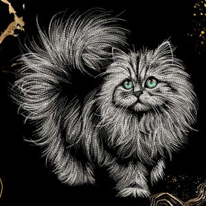 Peut inclure: Illustration détaillée d'un chat persan aux yeux verts, en nuances de gris et de blanc sur fond noir. Le pelage du chat est méticuleusement dessiné, créant un aspect texturé. Des touches dorées ajoutent une touche d'élégance.