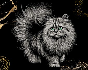 Fluffy Persian Cat Embroidery Design | Long Hair Cat Art | For Cat Lovers & Pet Gifts | Digital Machine File | Pes, Pec, Exp, Hus, Dst, Jef