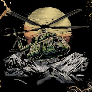 Hubschrauber Stickdatei | Militärische Rettungsszene | Für Jacken & Dekor | Digitaler Download | Sonnenuntergang, Berge, Taktische Kunst | Pes, Pec