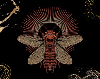 Puede incluir: Una ilustración detallada de una cigarra con alas intrincadas y un cuerpo marrón rojizo. La cigarra está rodeada por un patrón de rayos de sol radiantes en tonos naranja y rojo.