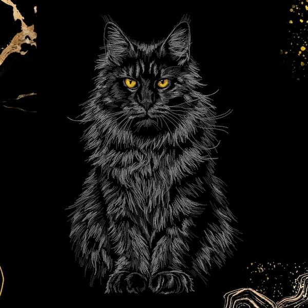 Realistic Black Cat Embroidery Design | Detailed Long Hair Cat Art | Cat Lovers | Digital Machine Embroidery File | Gothic Pet | Dst Exp Pes