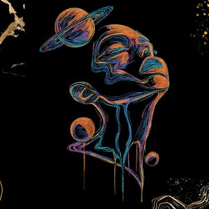 Op de afbeelding: Abstracte digitale kunst op een zwarte achtergrond. Het kunstwerk toont een mensachtige figuur met een planeet en ringen boven zijn hoofd. De figuur is weergegeven in oranje, blauwe en paarse lijnen. Andere planeten en abstracte vormen zijn ook aanwezig.