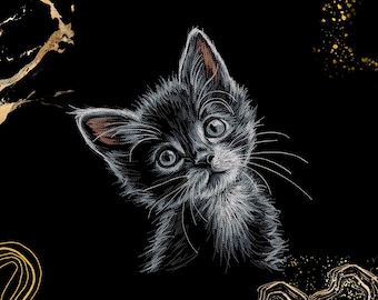 May include: A detailed white line drawing of a fluffy kitten on a black background. The kitten has large, expressive eyes, long whiskers, and pointed ears. The composition includes abstract gold-coloured accents in the corners of the frame.