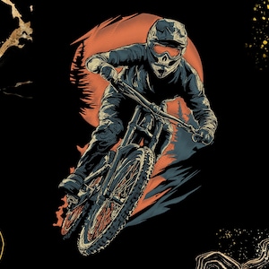 Może przedstawiać: Ilustracja kolarza górskiego w akcji, na pomarańczowo-niebieskim tle. Kolarz ma na sobie kask i odzież ochronną, jadąc na rowerze górskim. Grafika ma dynamiczny, energiczny charakter, idealny dla miłośników przygód.