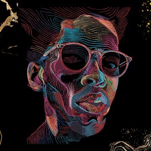 May include: A colorful digital art portrait of a person wearing glasses, rendered with intricate lines in shades of red, blue, pink, and yellow against a black background. The artwork has a modern, graphic style.