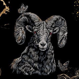 May include: A detailed illustration of a ram with large, curved horns and red eyes, set against a black background. The ram is rendered in white and gray lines, with gold accents. Two butterflies are also depicted.