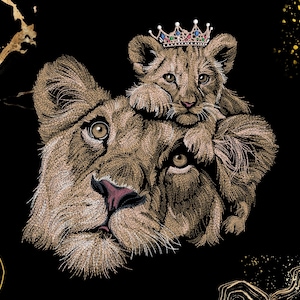 May include: A detailed illustration of a lioness with a lion cub resting on her head. The cub wears a small crown adorned with colourful jewels. The artwork features textured brown fur against a black background with gold abstract accents.