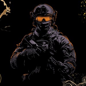 Puede incluir: Una ilustración gráfica de una figura táctica con casco oscuro, cubrebocas y gafas de color naranja brillante. La figura viste equipo táctico y sostiene un rifle. El diseño presenta detalles abstractos de color dorado sobre un fondo negro.