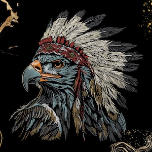 May include: An embroidered illustration of an eagle wearing a Native American headdress. The eagle has blue and gray feathers, an orange beak, and a red and brown headband. The background is black with gold accents.