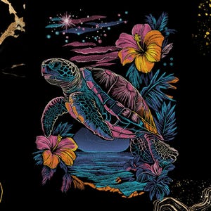 May include: A graphic illustration on a black background featuring a sea turtle with blue, purple, and orange scales swimming above a textured blue ocean surface. The scene includes vibrant orange and pink hibiscus flowers and foliage.