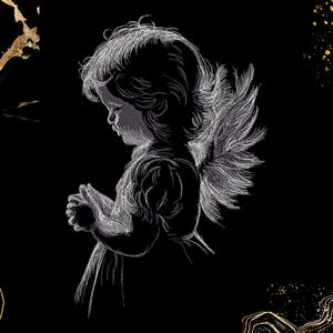 May include: A white line art illustration of a child with angel wings, shown in profile with hands clasped in a prayer position. The design is set against a solid black background with abstract gold marble and speckled accents in the corners.