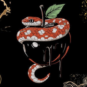 May include: A graphic illustration featuring a black apple with dripping liquid, coiled by a red and white patterned snake. The snake has a detailed scale texture and is positioned around the top of the apple, which has a single green leaf on its stem.