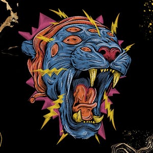 May include: A detailed illustration of a fierce, multi-eyed panther head with an open mouth, showcasing sharp yellow teeth and a red tongue. The panther's fur is blue and orange, with pink and yellow lightning bolt accents against a black background.