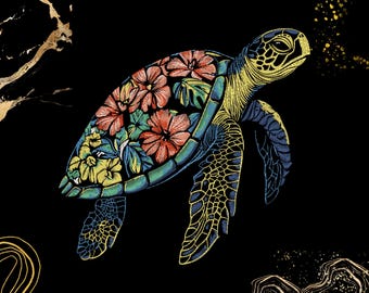 Puede incluir: Ilustración detallada de una tortuga marina con un diseño floral en su caparazón. La tortuga presenta una combinación de tonos azules, amarillos y verdes, con flores rojas, rosas y amarillas. Fondo negro con detalles dorados.