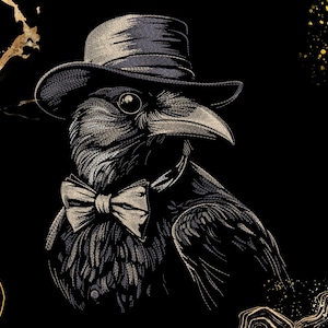 Raven Embroidery Design | Victorian Gentleman Crow with Top Hat and Bow Tie, Gothic Vintage Art | Machine Embroidery File (Digital Download)