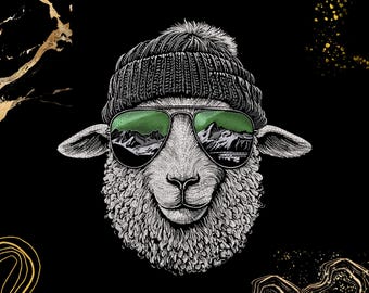 May include: A detailed illustration of a sheep wearing a grey knitted hat and aviator sunglasses. The sunglasses reflect a mountain landscape with a green tint. The sheep is set against a black background with gold accents.