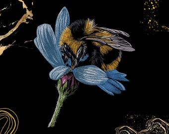 Bumblebee Blue Flower Embroidery Design | Realistic Bee on Blossom, Wildlife Art | Machine Embroidery File (Digital Download)