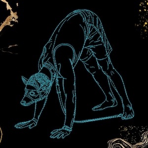 Puede incluir: Ilustración de arte lineal turquesa sobre un fondo negro que representa a una persona con una máscara de perro, inclinada con las manos en el suelo. La persona lleva pantalones cortos y un arnés. La imagen tiene acentos decorativos dorados y blancos.