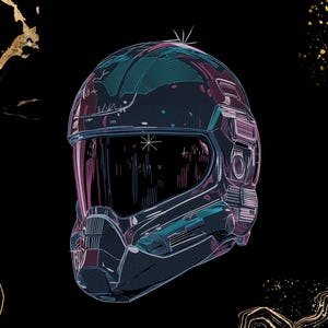 Puede incluir: Un casco futurista digitalizado en tonos azules, turquesas y rosas, sobre un fondo negro. El diseño presenta una visera y líneas detalladas, lo que le da una estética de ciencia ficción o juego. La imagen sugiere tecnología avanzada.